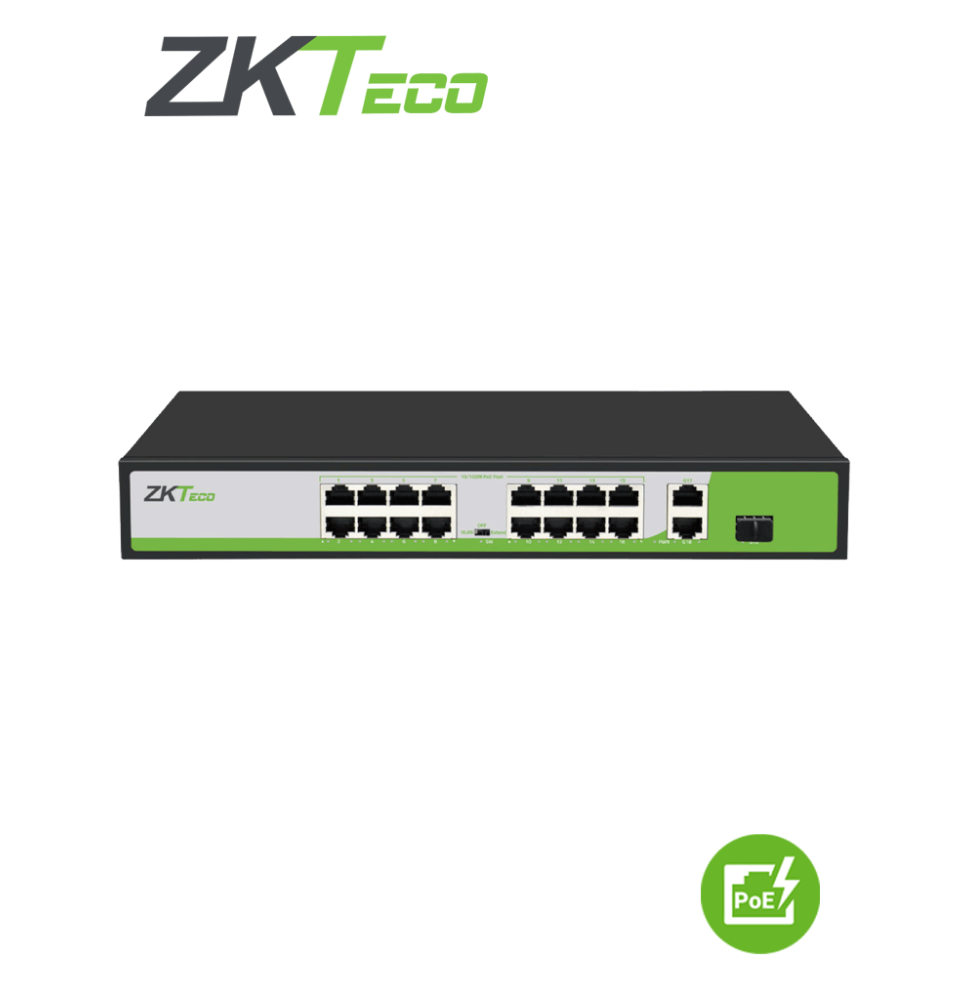 ZKTECO PE162200C - Switch de 16 Puertos Fast Ethernet PoE AF - AT / 2 Puertos RJ45 10