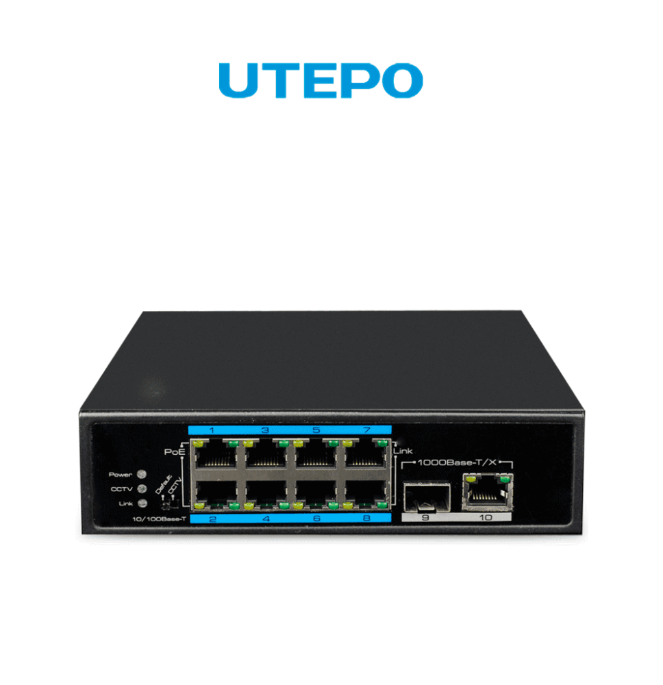 UTEPO UTP7108EPOE - Switch industrial PoE+ de 10 puertos: 8 PoE 10/100 Mbps  1 SFP 10