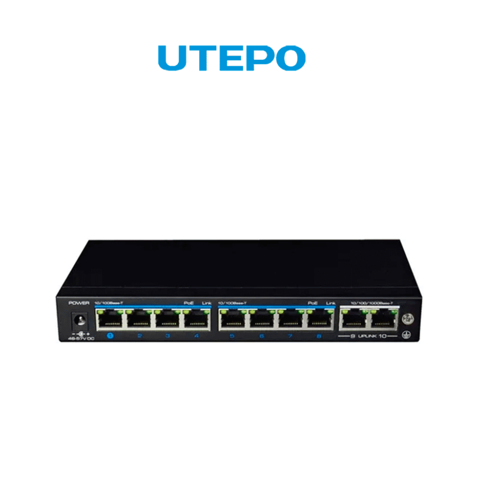 UTEPO UTP3SW08TP120A1 - Switch PoE de 10 puertos: 8 PoE 10/100 Mbps  2 puertos uplink