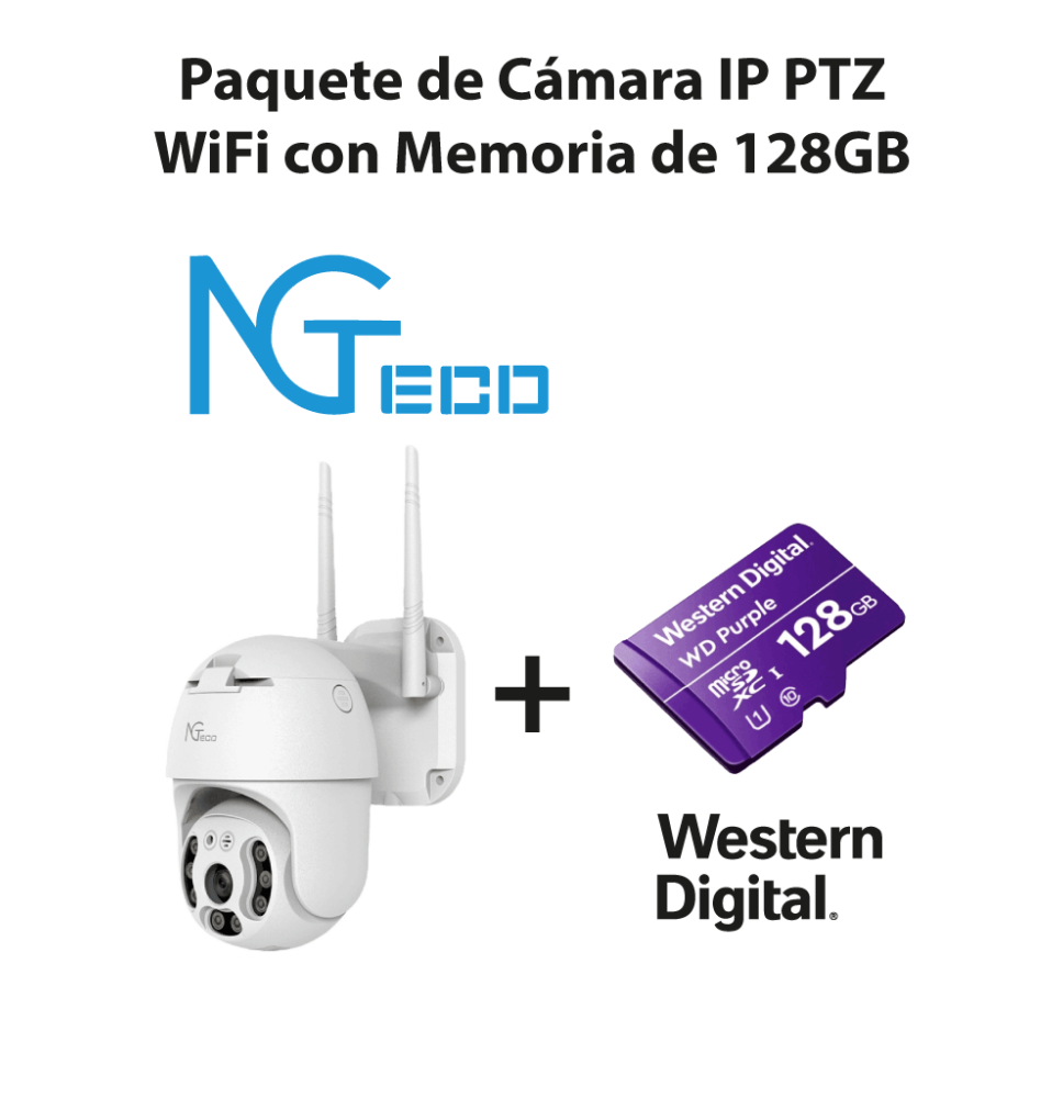 NGTECO NGC4200PAK - Paquete de Cámara NGC4200 IP PTZ WiFi 3MP con Memoria de 128GB Mi