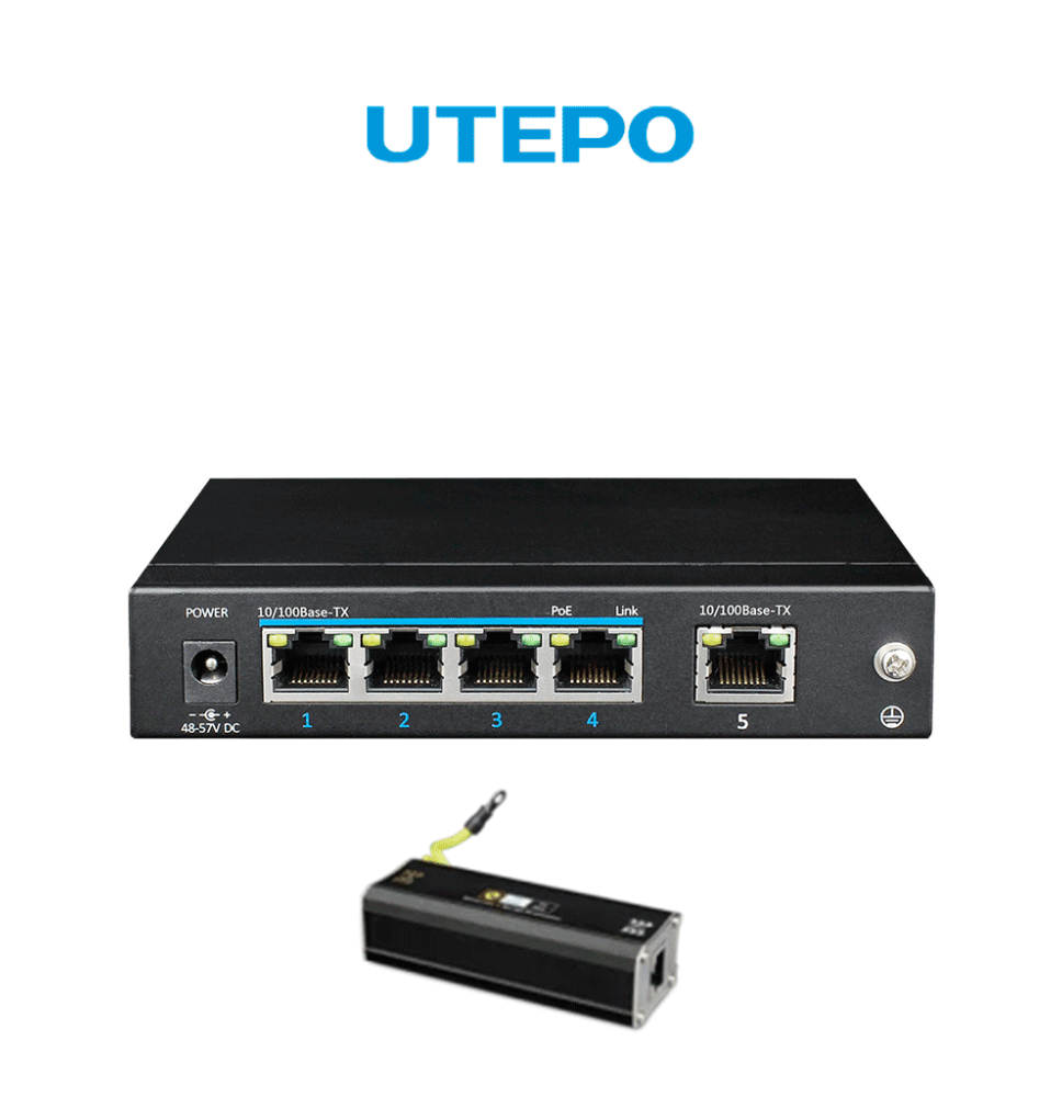 KIT- Switch UTEPO PoE de 5 puertos Fast Ethernet  4 puertos PoE  60W totales  802.3af