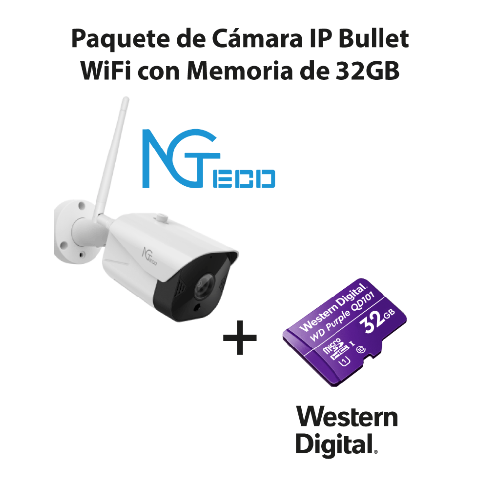 NGTECO NGC401PAK - Paquete de Cámara NGC401 IP Bullet WiFi 1080P con Memoria de 32GB