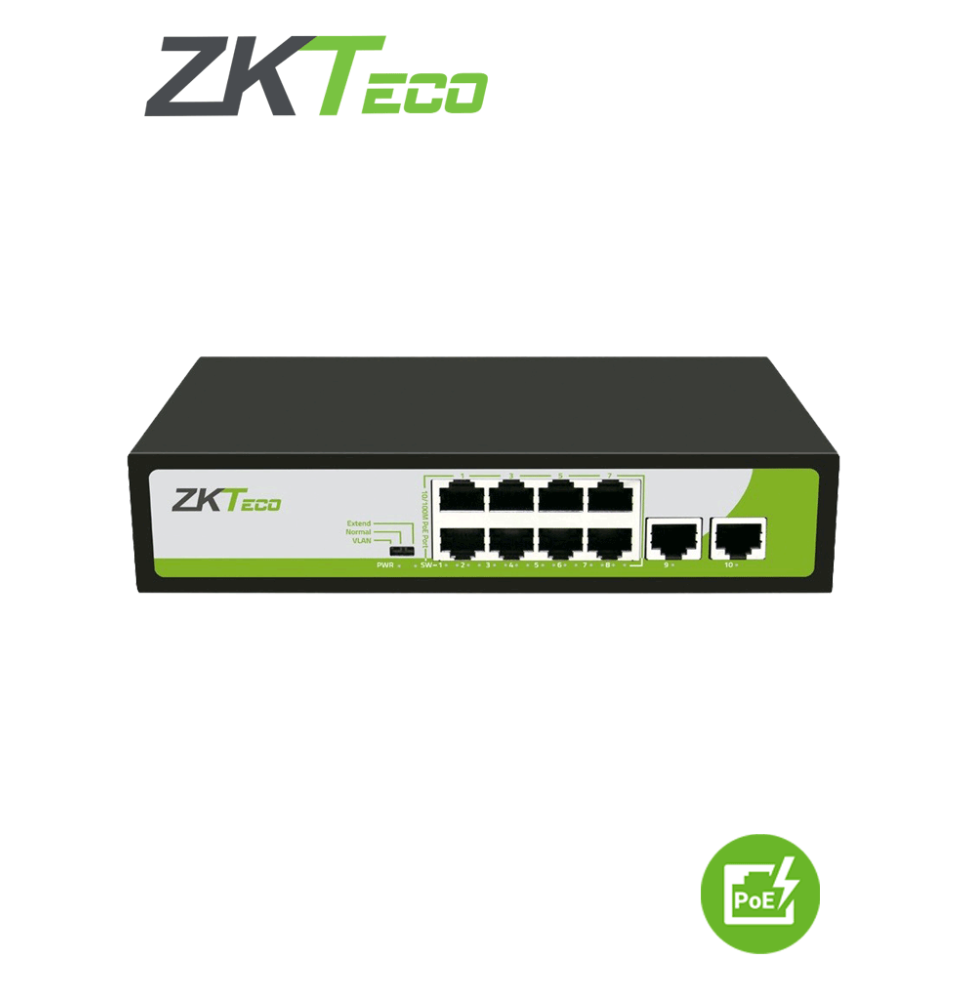 ZKTECO PE082120C- Switch de 8 Puertos Fast Ethernet PoE AF - AT / 2 Puertos RJ45 10/1