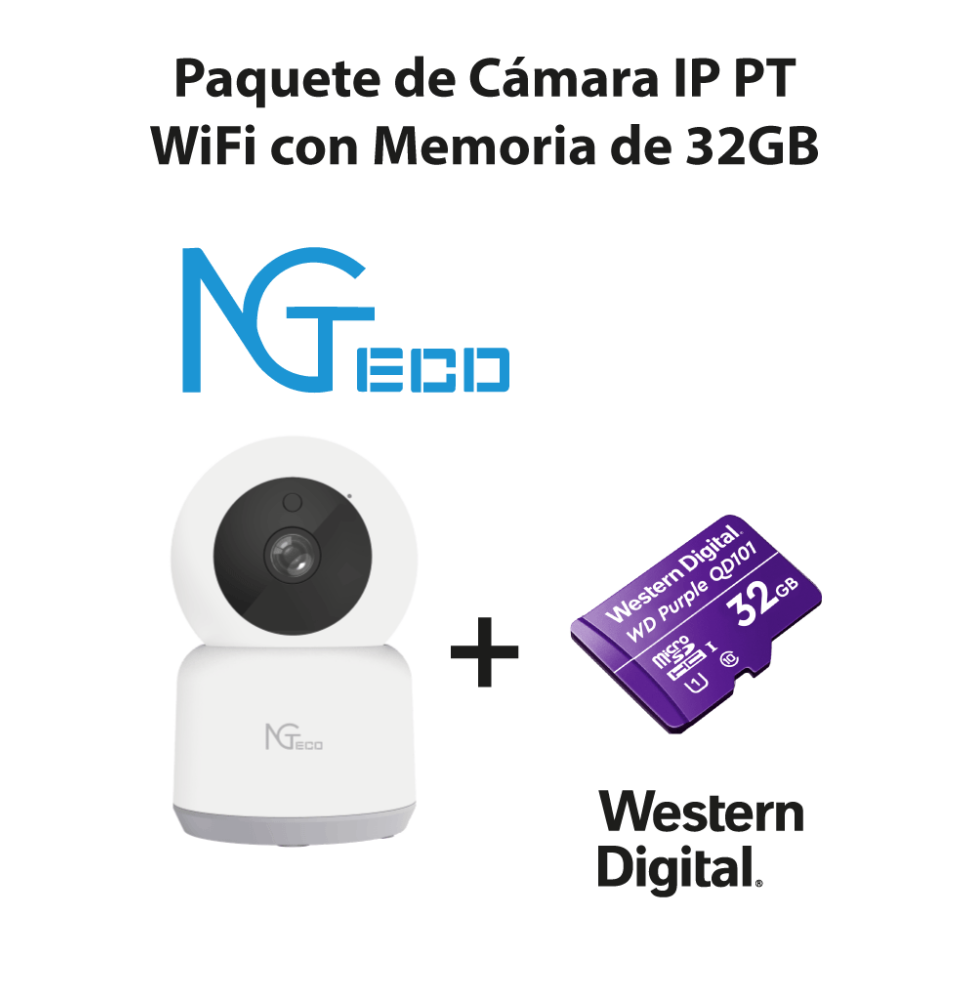 NGTECO NGC2401PAK - Paquete de Cámara NGC2401 IP PT WiFi 1080P con Memoria de 32GB Mi