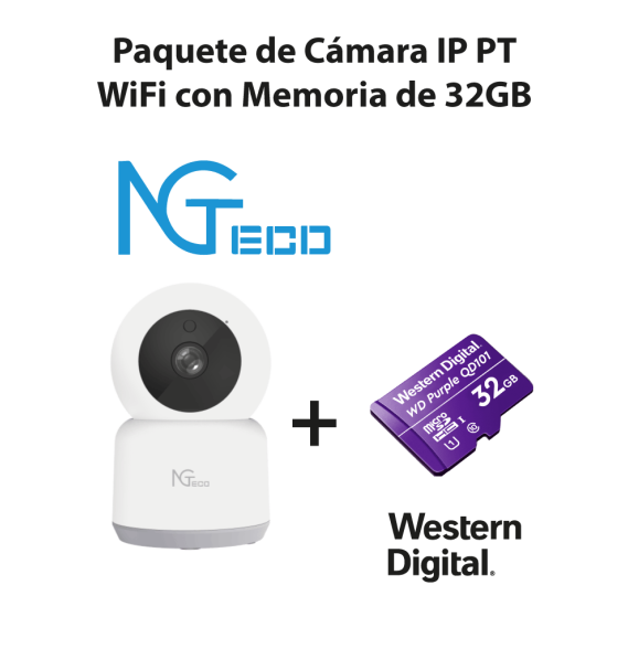 NGTECO NGC2401PAK - Paquete de Cámara NGC2401 IP PT WiFi 1080P con Memoria de 32GB Mi