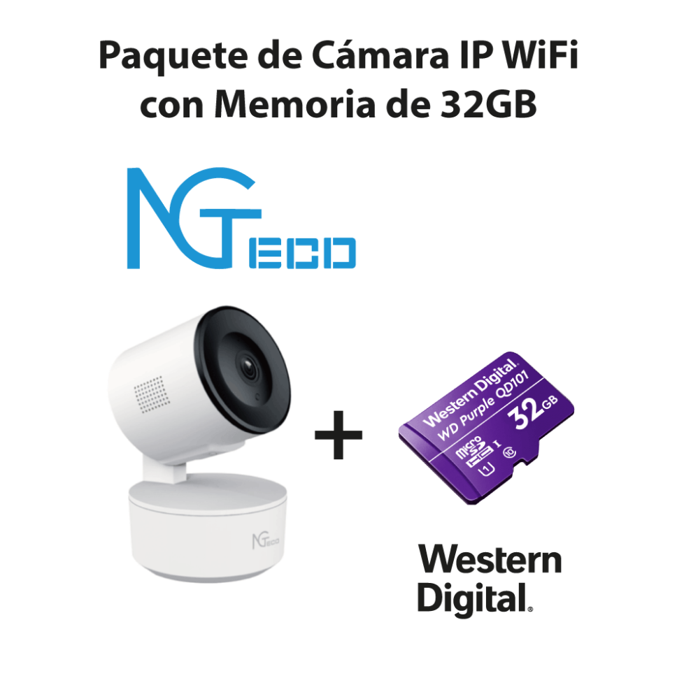 NGTECO NGC2301PAK - Paquete de Cámara NGC2301 IP WiFi 1080P con Memoria de 32GB Micro