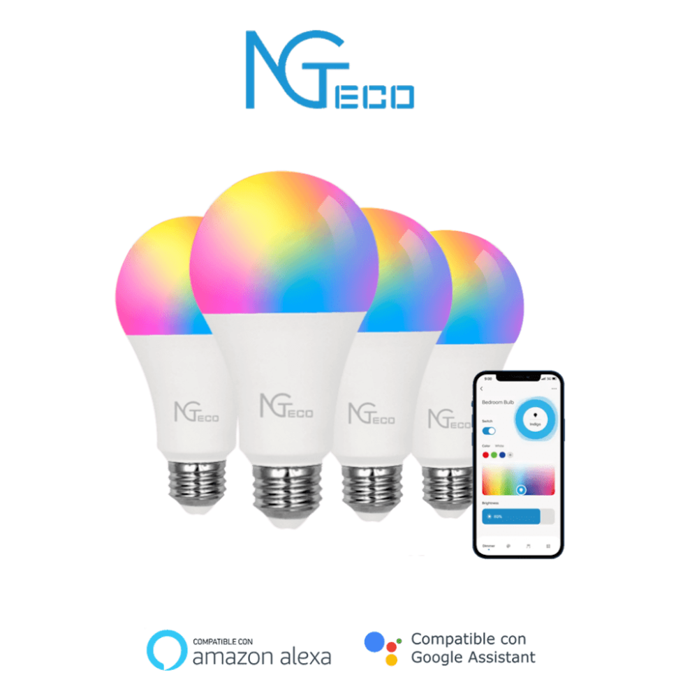 NGTECO NGL200PAQ4 - Paquete de 4 Focos Inteligentes WiFi / Colores Regulables / Contr