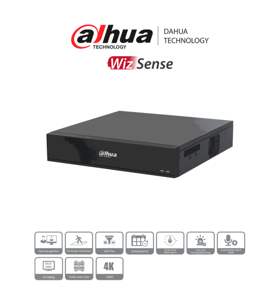 DAHUA DH-XVR7816S-4K-I3 -DVR de 16 Canales 4k/ WizSense/ H.265+/ 8 Bahías de Discos D