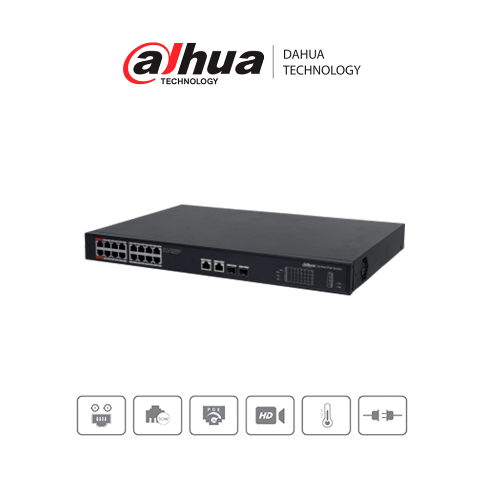 DAHUA PFS3220-16GT-190 - Switch Poe de 16 Puertos Gigabit/ Poe Inteligente/ Puerto Ro