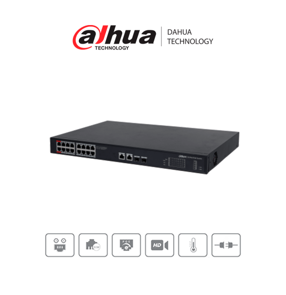 DAHUA PFS3220-16GT-190 - Switch Poe de 16 Puertos Gigabit/ Poe Inteligente/ Puerto Ro
