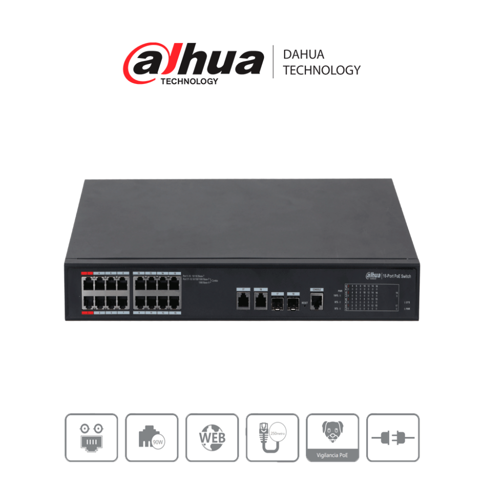 DAHUA DH-PFS4218-16ET-240  - Switch  PoE Administrable de 16 Puertos Ethernet/ 16 Pue