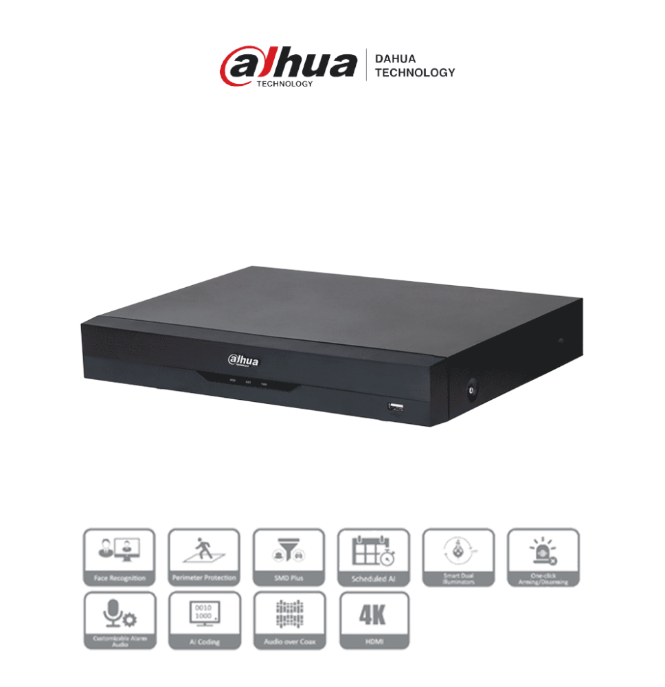 DAHUA XVR5116HE-4KL-I3 - DVR 16 Canales 4K con IA  WizSense  H.265+  16 Canales HDCVI