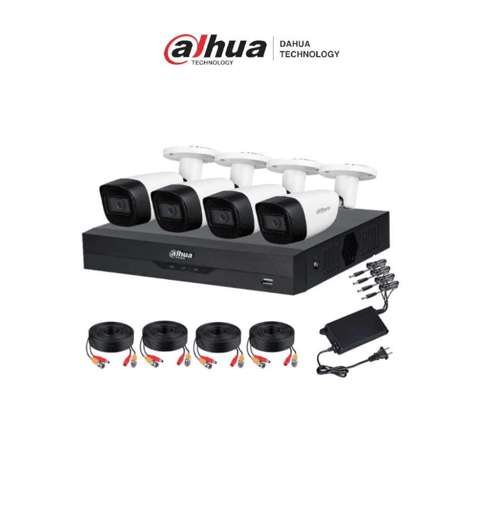 DAHUA KITXVR5104HS4KLI3+4HFW1500CMA- Kit de vigilancia de 4 canales 5 MP con audio y