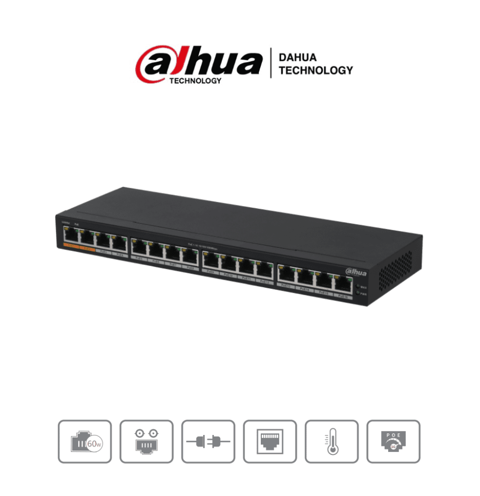 DAHUA DH-PFS3016-16GT-190 - Switch Poe Gigabit de 16 Puertos PoE Gigabit/ 190 Watts T