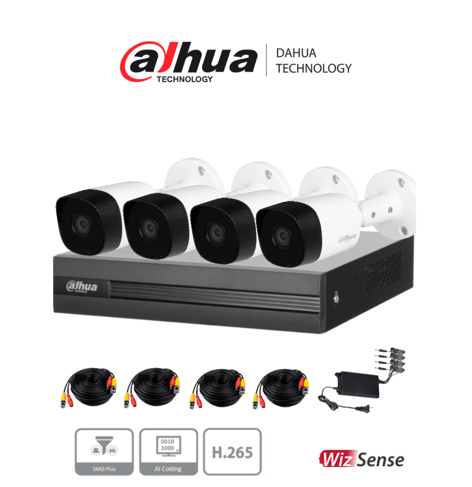 DAHUA KITXVR1B04H-I+4B2A51 - Kit de videovigilancia de 4 canales con cámaras de 5 MP