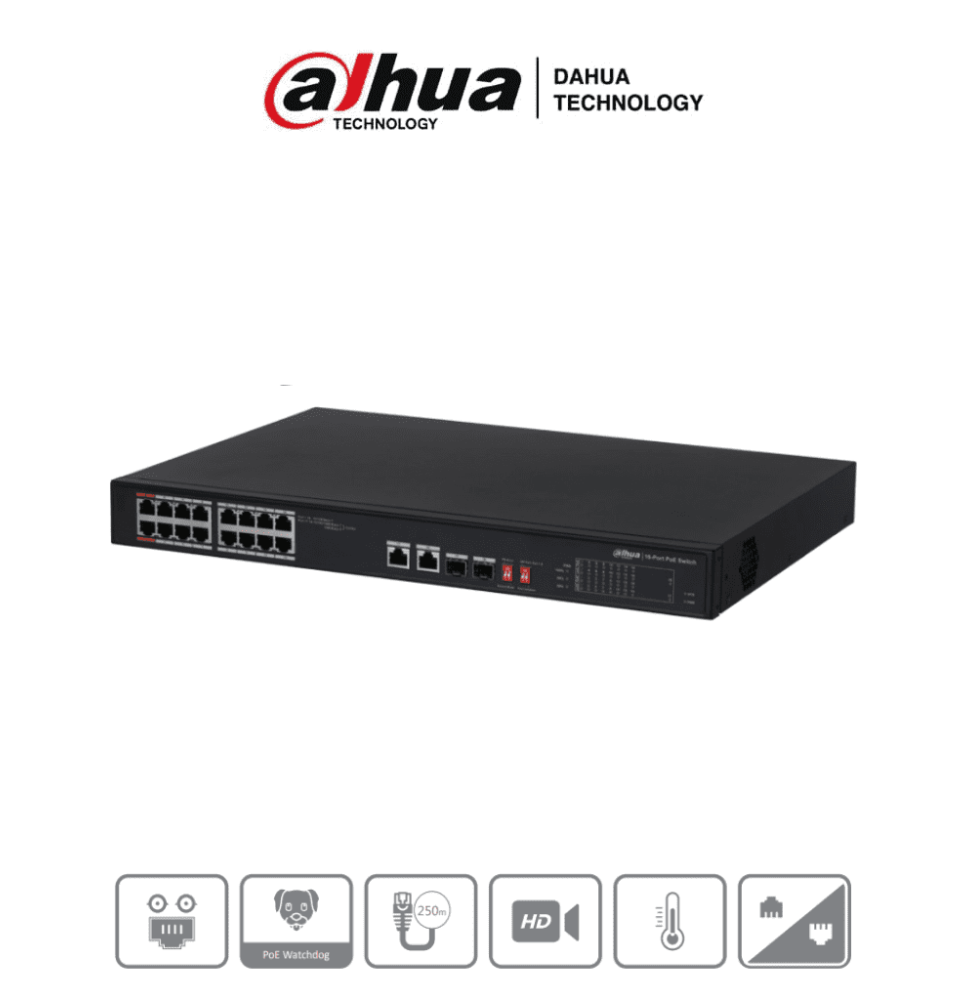 DAHUA PFS3218-16ET-135 - Switch Poe Ethernet de 18 puertos/ 16 puertos PoE 10/100 Mbp