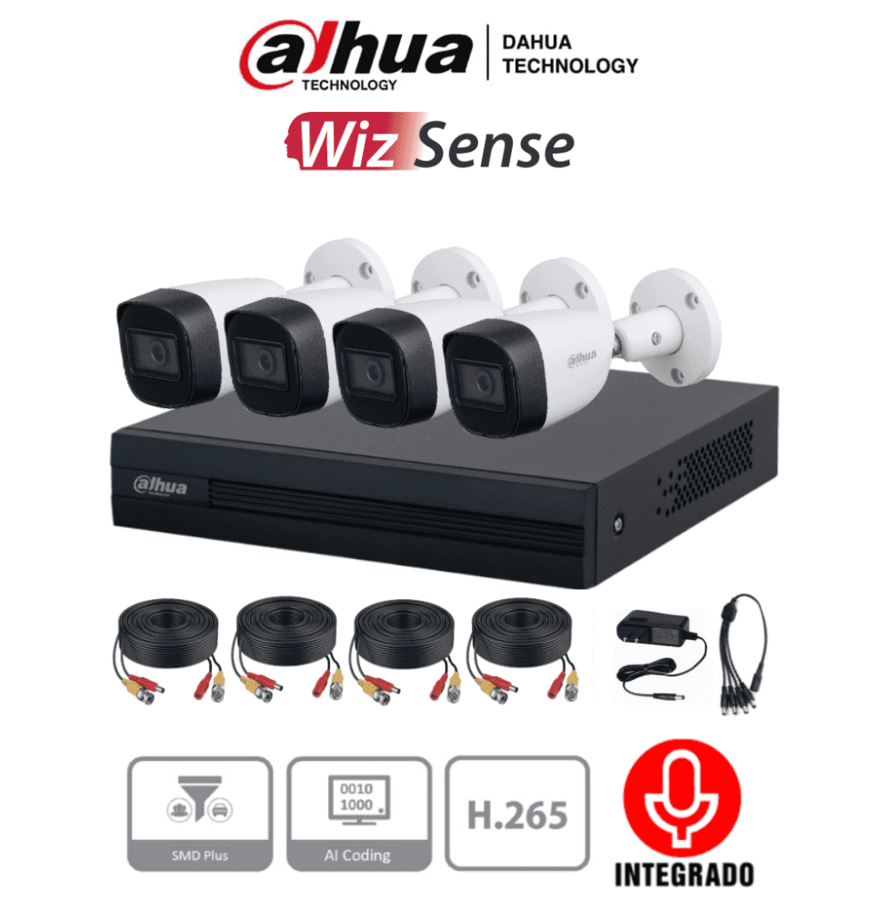 DAHUA KITXVR1B04-I+HFW1200CMA -  Kit de 4 canales con cámaras de 2MP y audio. Incluye