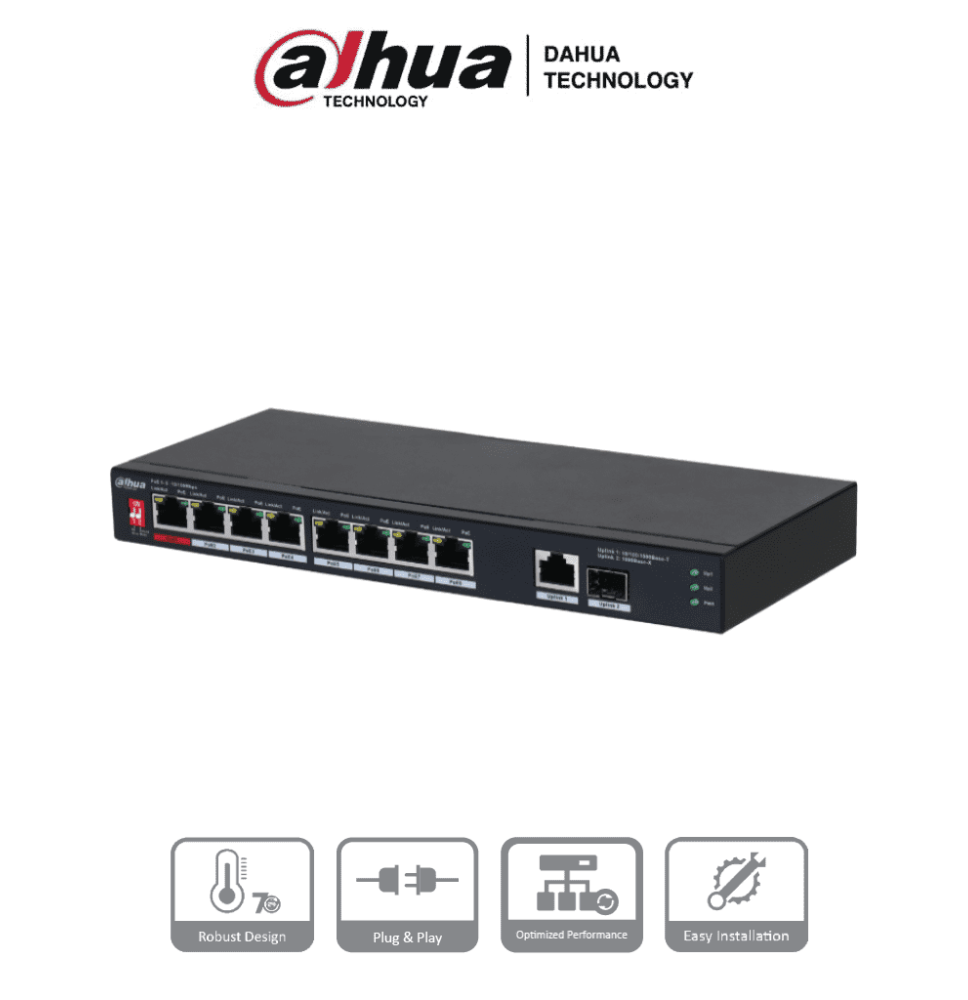 DAHUA PFS3110-8ET1GT1GF-96 -Switch PoE de 10 Puertos/  8 Puertos Poe 10/100/ 1 Puerto