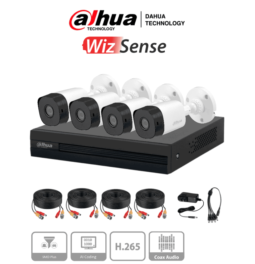 DAHUA KITXVR1B04-I1MP-2.8 - Kit de 4 canales con cámaras B1A11 de 1 megapíxel  lente