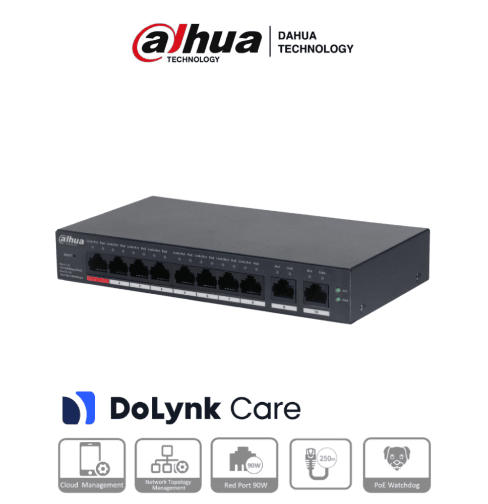 DAHUA CS4010-8ET-110 -  Switch Poe de 10 Puertos/ 8 Puertos PoE 10/100/ 2 Puertos Upl