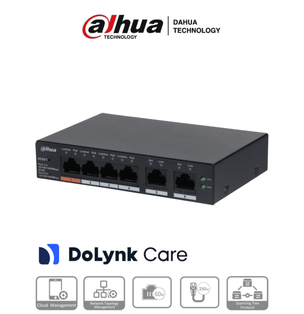 DAHUA CS4006-4GT-60 -  Switch PoE de 6 Puertos Gigabit/ 4 Puertos PoE 10/100/1000/ 2