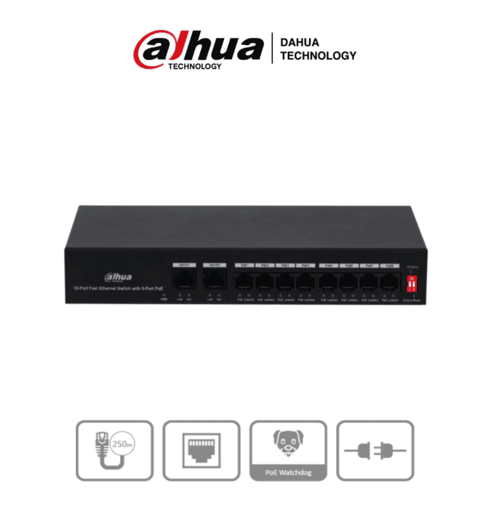 DAHUA PFS3010-8ET-65 - Switch Poe de 10 Puertos Fast Ethernet/ 8 Puertos Poe/ 2 Puert