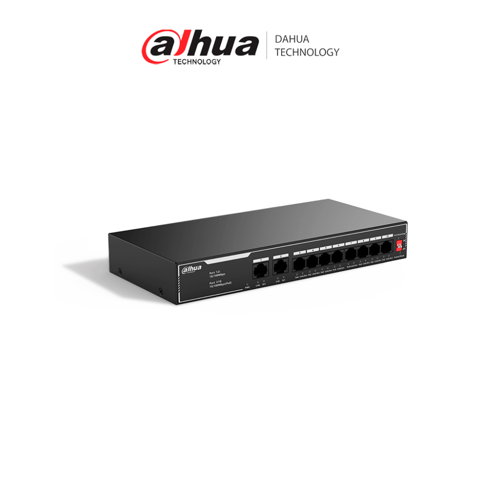 DAHUA SF1010LP - Switch PoE de 10 Puertos Fast Ethernet/ 8 Puertos PoE 10/100 / 65 Wa