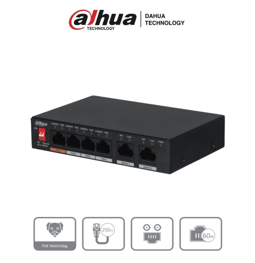 DAHUA PFS3006-4ET-60 - Switch PoE de 6 Puertos Fast Ethernet/ 4 Puertos PoE/ 2 Puerto