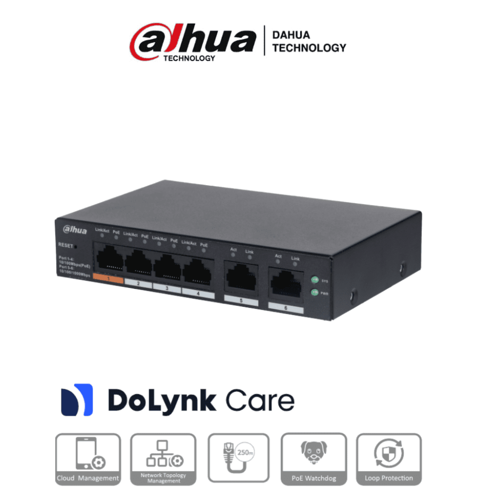 DAHUA CS4006-4ET-60 - Switch PoE de 6 Puertos Administrable/ 4 Puertos PoE 10/100/ 2