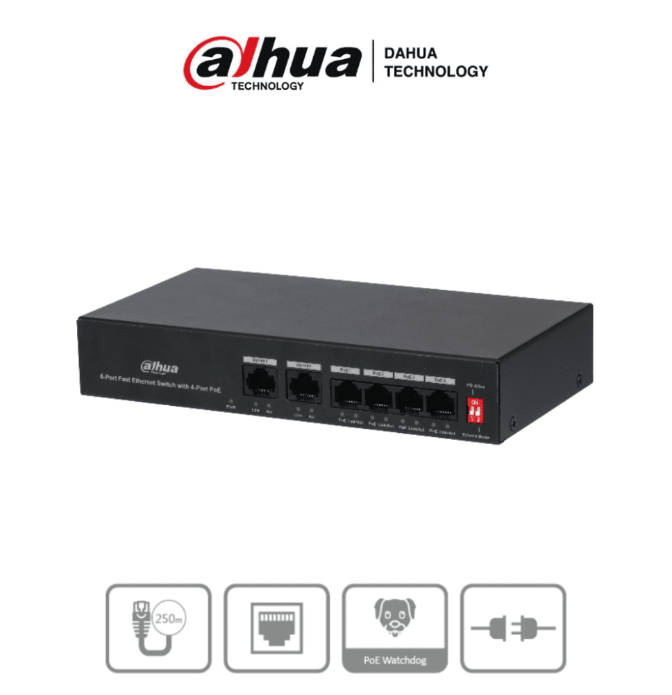 DAHUA PFS3006-4ET-36 - Switch PoE de 6 Puertos Fast Ethernet/4 Puertos PoE 10/100/ 2