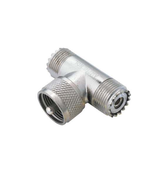 Syscom 831T 83-1T Adaptador en  T  AMPHENOL de UHF Macho (PL-259) a Doble UHF Hembra